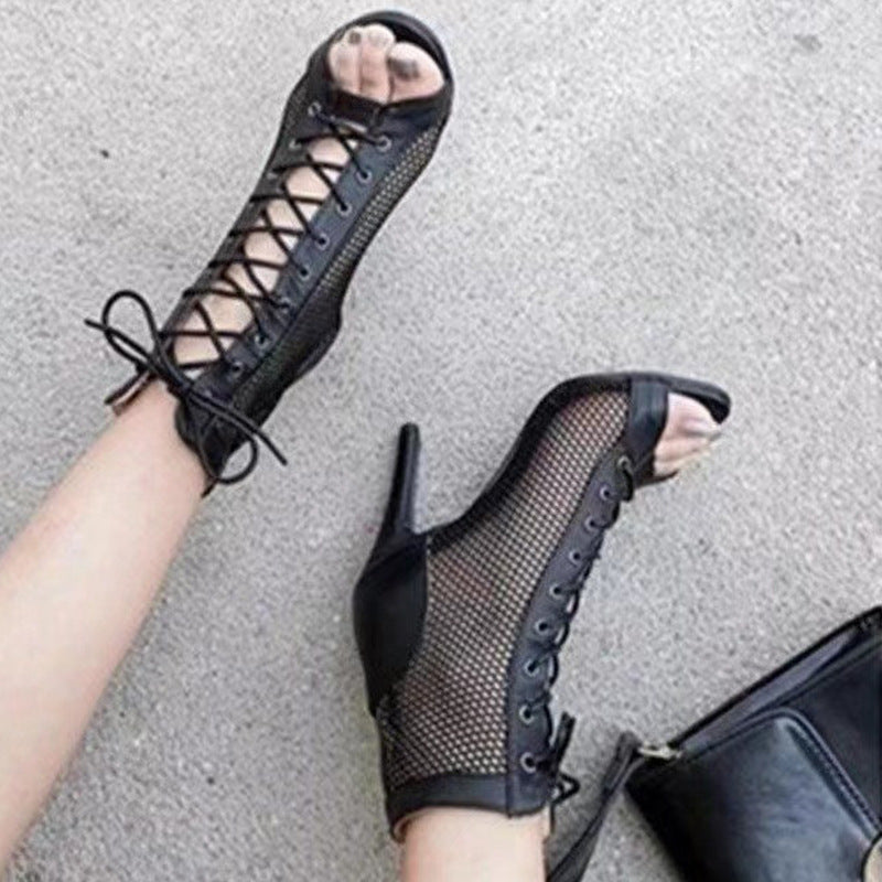 New Mesh Shoes European and American Stylish Peep Toe Stiletto Heel Sandals Women