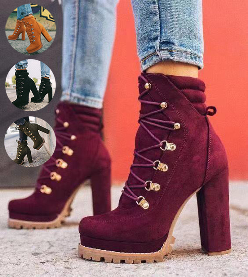 Heeled Boots for Women round Toe Lace up High Heels Boots Mid Calf Shoes