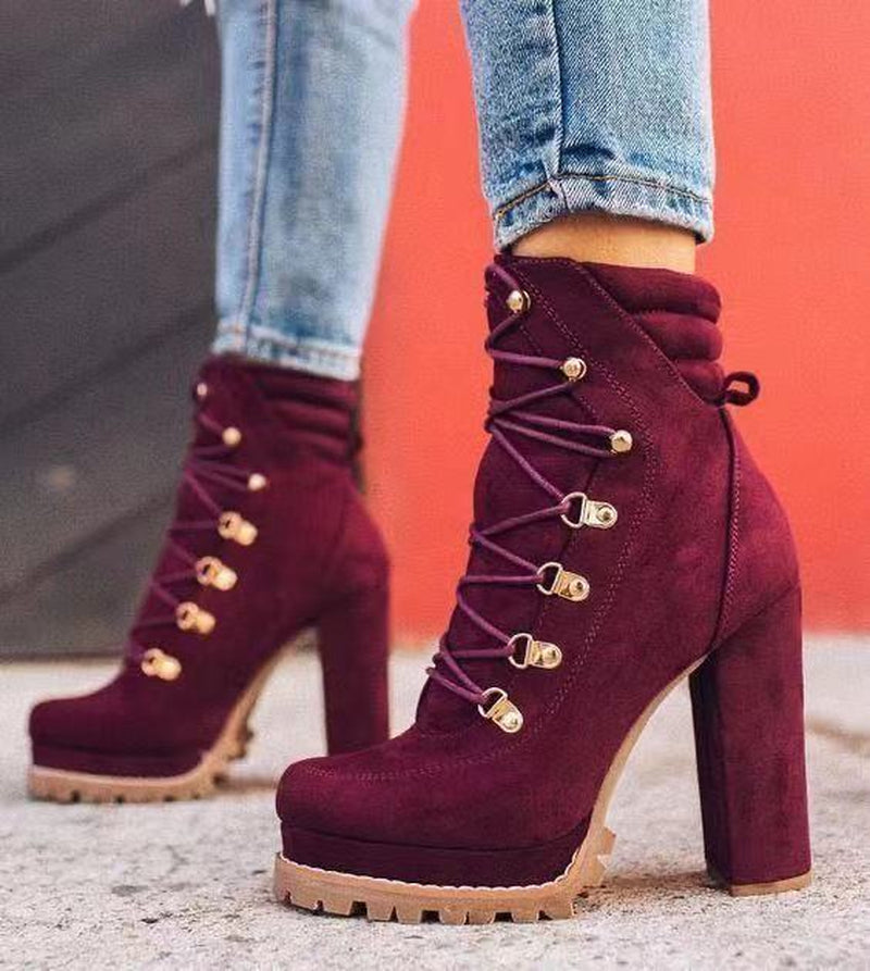 Heeled Boots for Women round Toe Lace up High Heels Boots Mid Calf Shoes