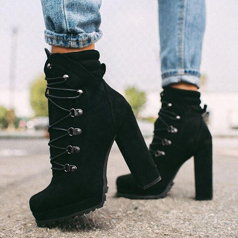 Heeled Boots for Women round Toe Lace up High Heels Boots Mid Calf Shoes