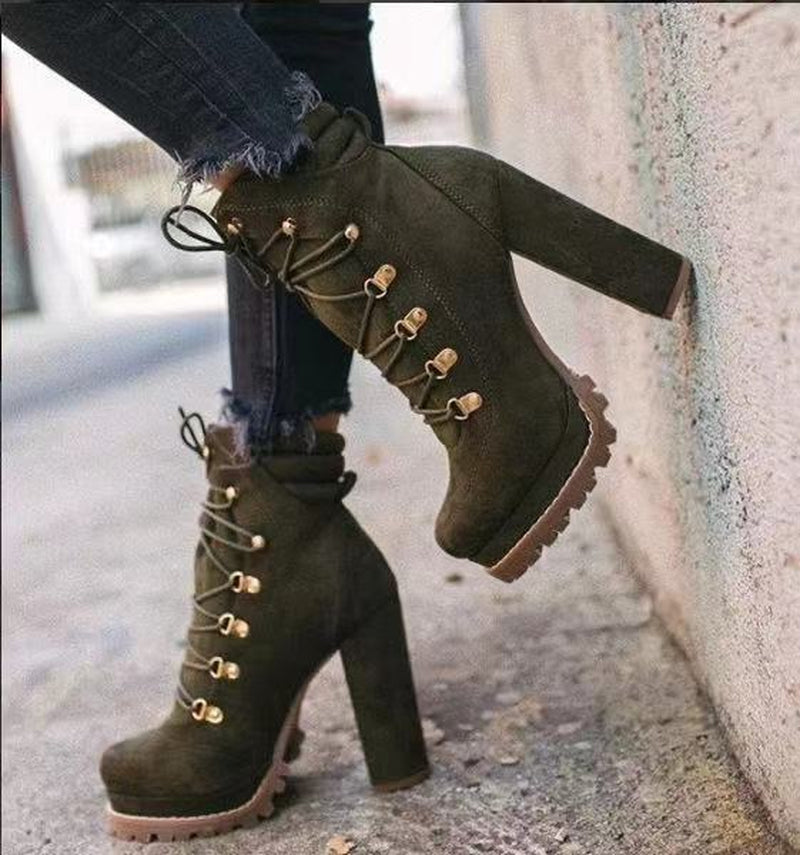 Heeled Boots for Women round Toe Lace up High Heels Boots Mid Calf Shoes