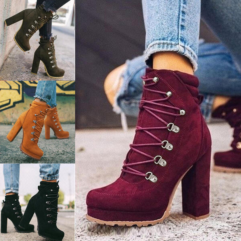 Heeled Boots for Women round Toe Lace up High Heels Boots Mid Calf Shoes