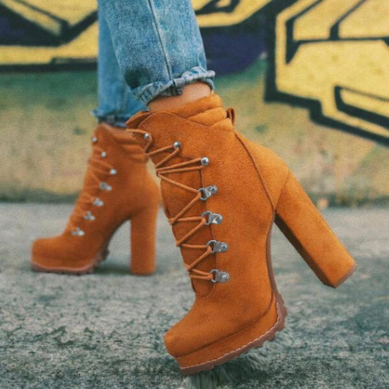 Heeled Boots for Women round Toe Lace up High Heels Boots Mid Calf Shoes